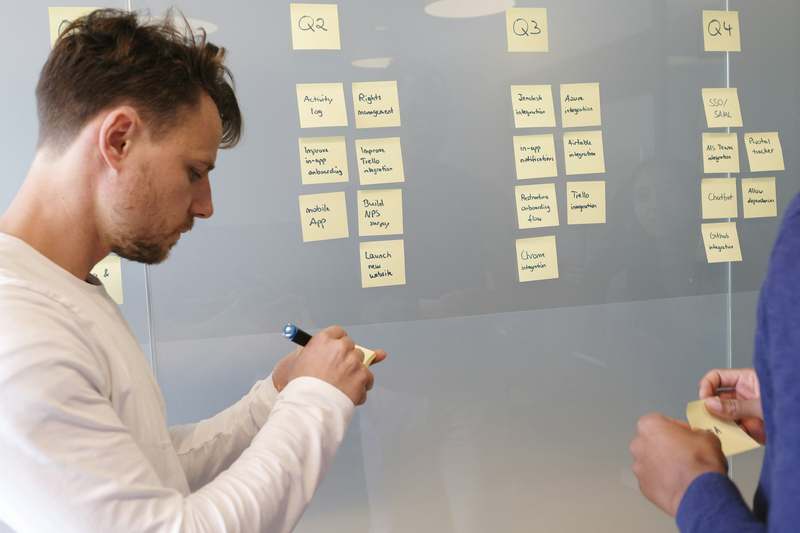 A man writing a quarterly roadmap on a glass wall of sticky notes